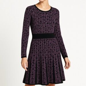 CALVIN KLEIN Dress Classic Aline Sheath Cotton Ribknit Faux Pleat Black/Purple M
